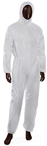 Tuta monouso in laminato B-TEX, 65 gr/m2, cappuccio, polsi, vita e caviglie elasticizzati, cerniera e patta adesiva, colore bianco (L)