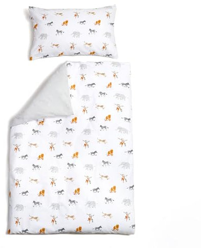 Clair de Lune Jungle Dream Reversible Cot Bed Duvet Cover and Pillowcase Set 120 x 150 cm , White/Grey