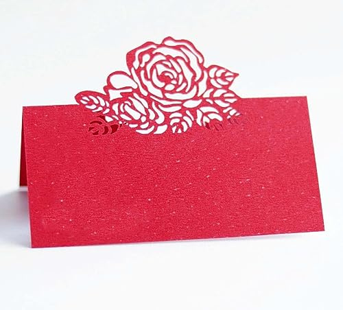 PTNKUIIY 50 Stück Hochzeit Tischkarten mit Elegantes Rose Blumen Design Platzkarten, Tischkarten Blanko Namenskarten Tischdekoration für Geburtstag Konfirmation Kommunion Taufe Feier -Rot