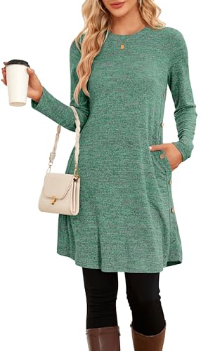 SENBATU Women Dresses Casual Crew Neck Jumper Dress for Women UK Knitted Midi Dress with Pockets Small Green