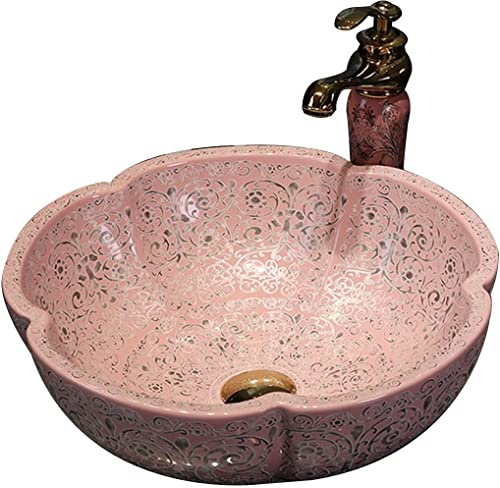 Tu Ye Vessel Sink - Luxury Hotel Art Bathroom Sink, Petal-Shaped Pink Pedal, Circular Art Ceramic Washbasin for Home, Balcony, Lowes Bathroom Vanities