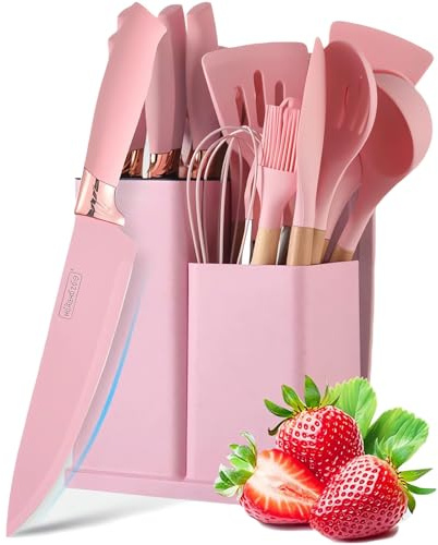 Maxspace Küchenutensilien Set, 19-teiliges Silikon Antihaft Küchenhelfer Set mit Messerset und Halter, Hitzebeständiger Kochutensilien Kochbesteck Set mit Schneidebrett (Rosa)