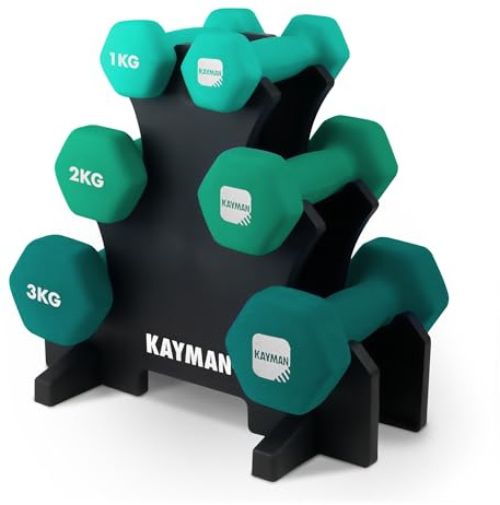 KAYMAN Neoprene Dumbbells Set with Stand - Anti-Slip Grip, Water-Resistant Coating – Weights Dumbbells Set for Strength, Training, and Workouts (12Kg Set (1Kg, 2Kg, 3Kg))