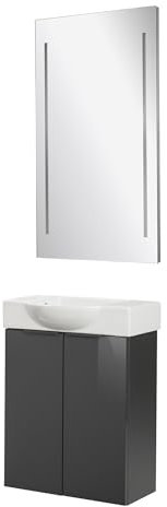 FACKELMANN Luna Gäste-WC Set 3-teilig – Badezimmer-Set mit Waschbeckenunterschrank, Keramik-Waschbecken Hahnloch Links & LED-Spiegel – Anthrazit Hochglanz, 55 cm, Made in Germany