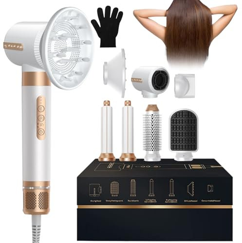 Kocusu 7 in 1 Hair Styler,Air Styler 110000 RPM Airwrap with Hot Hair Dryer Brush,Diffuser Hairdryer and Round Brush for Wavy,Straighten,Curling,Smooth and Volumize at Home,White