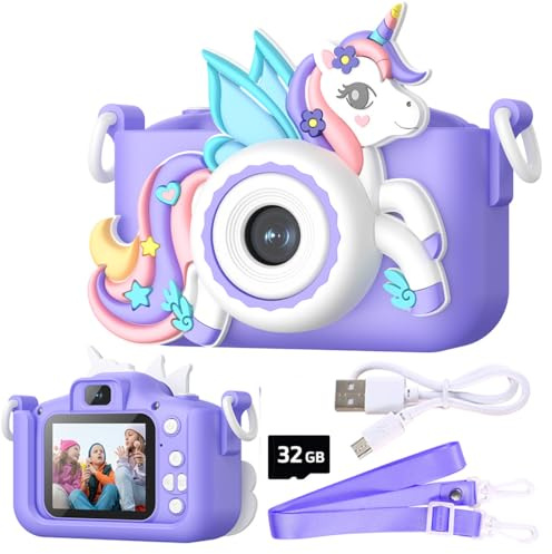 Wembley Kids Camera for Boys & Girls 3–8 Years | Digital Camera for Kids 1080P Selfie Video | Toddler Unicorn Camera Rechargeable with Games | 32GB Card | Silicone Cover | Birthday Gift - Purple