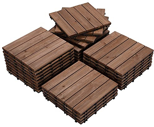 Yaheetech Lot de 27 Caillebotis Bois Exterieur Dalles de Terrasse en Bois Composite avec Système d’Emboîtement Revêtement de Sol Extérieur Intérieur 30 x 30 cm
