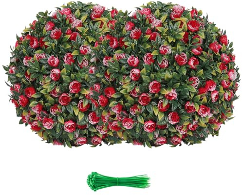JOYWU Artificial Flower Topiary Ball Set of 2, Rose Flower Boxwood Balls Plant, UV Resistant Faux Boxwood Decorative Balls for Backyard Balcony Garden Wedding Outdoor Home Décor (Red & White, 25cm)