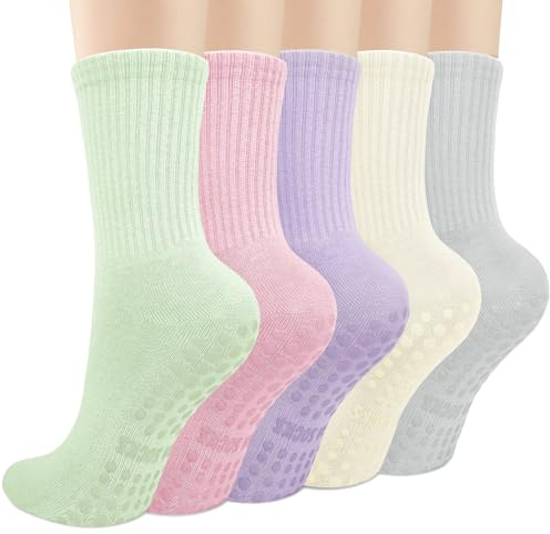 Tialfas 5 Pairs Pilates Socks with Grips Womens Soft Cotton Non Slip Yoga Socks for Reformer Ballet Barre Dance Gym Fitness Workout Trampoline Hospital Home