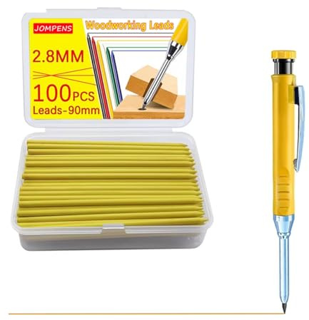 JOMPENS 100 Stück Bleistiftminen, 2,8 mm Bleistiftminen, solide Tischlerminen, Ersatz, Tieflochmarker, wasserdicht für Holzarbeiten, Bauarbeiten (Gelb)