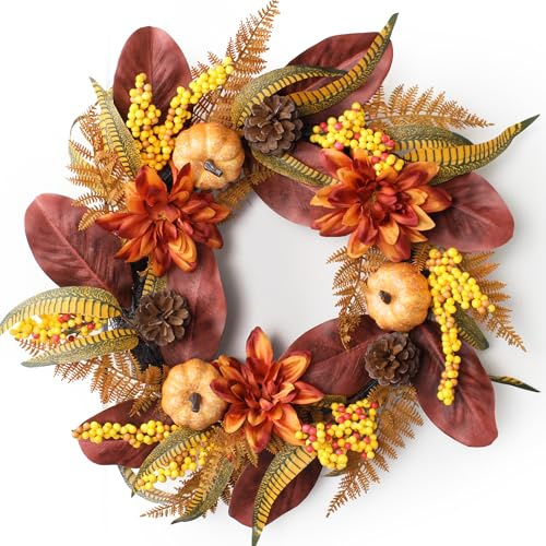 WILLITAT Autumn Wreath for Front Door – 24 Inch Outdoor Silk Wreath with Pumpkin, Dahlia, Magnolia Leaves & Fern – Large Autumnal Home Decoration for Indoors & Outdoors, Farmhouse Harvest Wall Decor