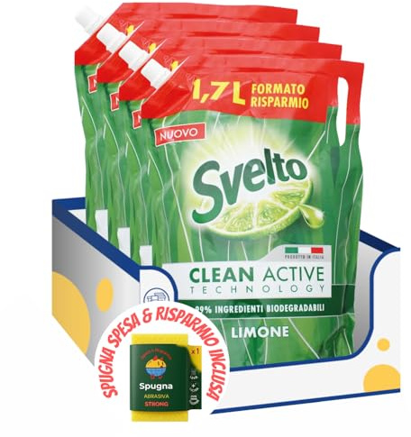 Ricarica detersivo piatti al limone formato maxi kit con Spugna Brandizzata SPESA & RISPARMIO Inclusa – Variazioni 4/8/12 Pezzi – 1,7 L (4)