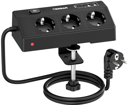 TESSAN Tischsteckdose mit USB C(PD 20 W) , Mehrfachsteckdose Schreibtisch mit 3 Fach und 4 USB, 4000W Steckdosenleiste mit Überlastschutz und Verlängerungskabel 1,8M, Geeignet für Büro, Schwarz