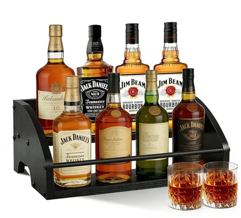 Wooden Liquor Bottle Display Shelf, Coffee Syrup Rack Organizer, 2 - Step Countertop Wine Rack, Rustic Mini Bar Cabinet, Home Retro Bar Shelf Stand for Liquor Whiskey, Spirits (Black)
