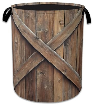 Vintage Barn Door Laundry Hamper With Handle,Foldable Oxford Cloth Wooden Laundry Basket,20.8x16 Clothes Storage Basket for Laundry Room/Bedroom/Bathroom