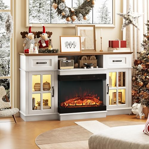 Bonnlo Fireplace TV Stand for up to 65-Inch TVs, Modern Electric Fireplace TV Console with 3-Sided Glass Heater, LED Light Strip, Drawers & Glass Doors,White