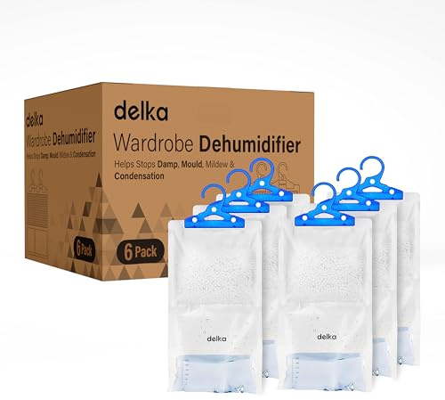 Delka 6 Pack Wardrobe Dehumidifier Hanging Bags, Trap Condensation, Moisture Absorber, Prevents Damp, Mould 210g each Leak-Proof Bag, Dehumidifier for Home, Kitchen, Wardrobe, Bedroom, Garage, Office
