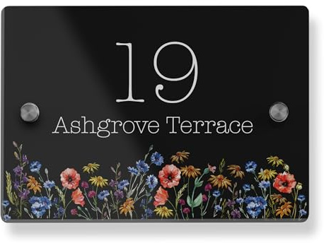 Personalised Acrylic House Sign with Wildflower Design | 210mm x 148mm Address Plaque | Custom Printed Door Number | Weatherproof Outdoor Home Name Plate (Black)