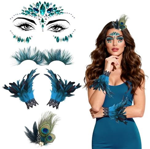 Fsahiuf 4 Stück Damen Pfau Kostüme Set - Faschingskostüm-Zubehör - Mit Partytanz Gesicht Aufkleber, Federwimpern, Federstirnband, Himmelblau Federarmbänder