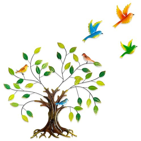Pduoduo Decoración metálica para pared con motivo del árbol de la vida,hojas verdes y colibríes.Un regalo inspirador para tu hogar o jardín.24.4 inch de diámetro