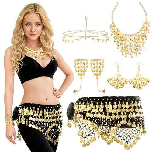 Baisdan 7 Pezzi Cintura e Sciarpe di Danza del Ventre Set, con Orecchini, Collana, Braccialetti, Copricapo a Monete d'oro, per Halloween, Carnevale, Spettacoli Nero
