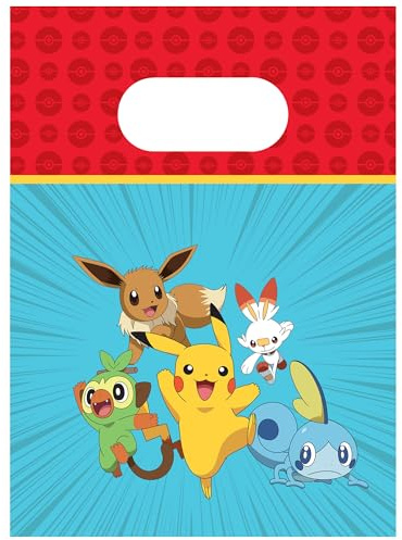 4 Partytüten * POKEMON * für Mitgebsel zum Kindergeburtstag und Party | mit Tragegriffe, 17x25cm, aus Papier | Tüten Geschenktüten Kinder Geburtstag Deko Pikachu