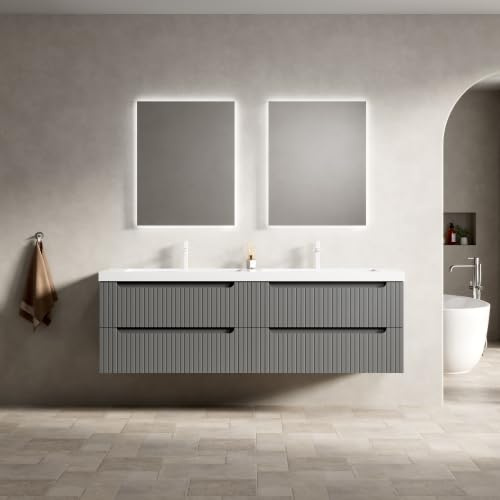 vutizal Waschtisch mit Unterschrank 160cm, 2 Unterbauwaschbecken, Schwimmend, Mineralwerkstoff Einbauwaschbecken, 4 Soft-Close Schubladen, Badezimmermöbel Vormontiert, Dunkelgrau