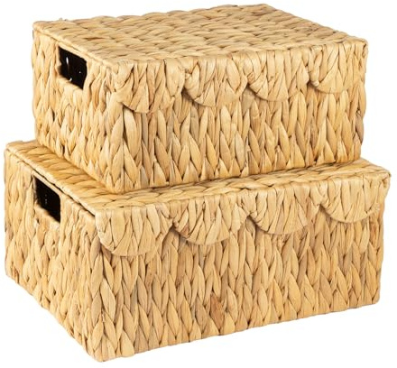 GreenWhim 2 Pack Wicker Storage Baskets with Lids and Handles Handwoven Water Hyacinth Scalloped Edge for Bedroom Living Room Bathroom