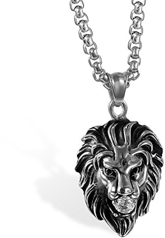 JewelryWe Collar Cabeza León Hombre: Colgante Vintage de Animal Acero Inoxidable - para Regalo