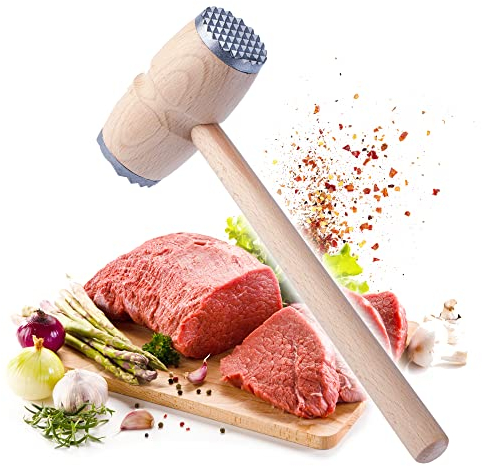 KADAX Ablandador de carne, martillo de carne con extremo de metal, doble cara mazo de carne de madera, suavizante de chuletas redondas