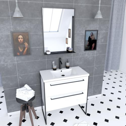 Aurlane badrumsmöbel paket 80 x 50 cm vit - 2 lådor vit - handfat + matt svart spegel