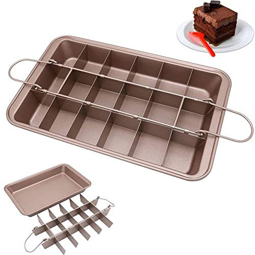 Brownie Tin with Dividers, 18-Cavity and 12 by 8 Inches, Non-Stick Divided Brownie Tin/Precut Brownie Pan with Removable Loose Bottom for Professional Slices, Easy to Release (Chocolate)