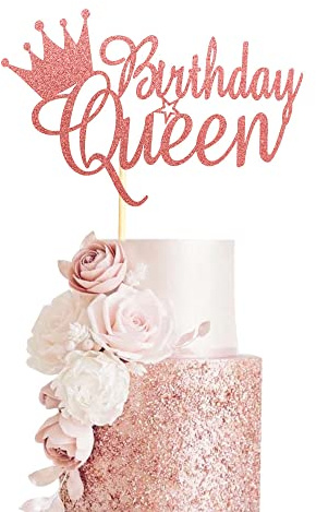 Arthsdite Queen Birthday Cake Topper Happy Birthday Cake Bunting Decor, Party Decoration Supplies for Lady Girl Women - Rose Gold Glitter