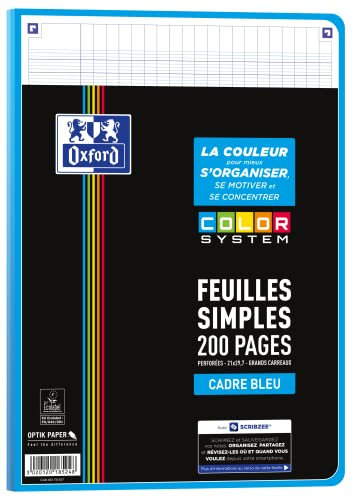 Oxford COLOR SYSTEM A4 Feuilles simples perforées 200 pages Grands carreaux Seyès, assortis, Lot de 1