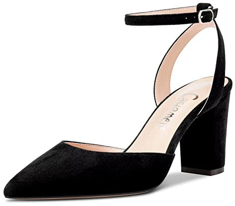 Castamere Donna Chunky Blocco Alto High Tacco Heel a Punta Pumps Cinturino alla Caviglia Slingback Fibbia da Matrimonio Feste Sexy Dress Scarpe Nero 35 EU