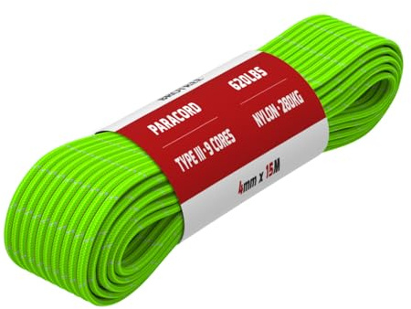 Brotree Paracord 4mm 15M 100% Nylonrep 9 Trådar Sladd Typ III Nylonsnöre för Utomhus, Camping, Hundkoppel, DIY, Armband - 280kg Brottlast (Reflekterande Neongrön)