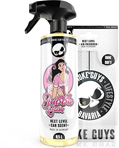 Nuke Guys bildoft – bildoft spray – 500 ml bubbelgum bilparfym med sprayhuvud – praktisk luftfräschare för inomhusbruk, behaglig bildoft + hänge