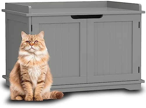 BAKAJI Meuble à litière pour Chats relevé avec entrée latérale Ronde, Armoire Multifonction pour Animaux domestiques avec 2 Portes, Fermeture magnétique, Niche Couleur Grise, 72 x 51 x 52 cm