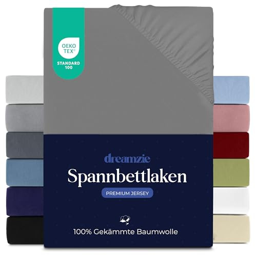 Dreamzie - Spannbettlaken - 160x200cm - 100% Gekämmte Baumwolle - Jersey | Anthrazit · Leintuch mit Rundumgummi · Spannbetttuch bis 27cm Steghöhe · Oeko-Tex zertifiziert · Premium · Queen Size
