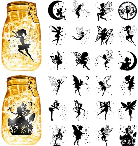 CREATCABIN 24Stück Feen-Engel-Silhouetten,Einmachglas-Dekoration,Stern,Lasergeschnittener Karton,Scrapbook-Ausschnitte,Stanzteile,PVC Zum Basteln von Laternen,Gläsern,Wandmalerei,10x9cm,Ohne Aufkleber