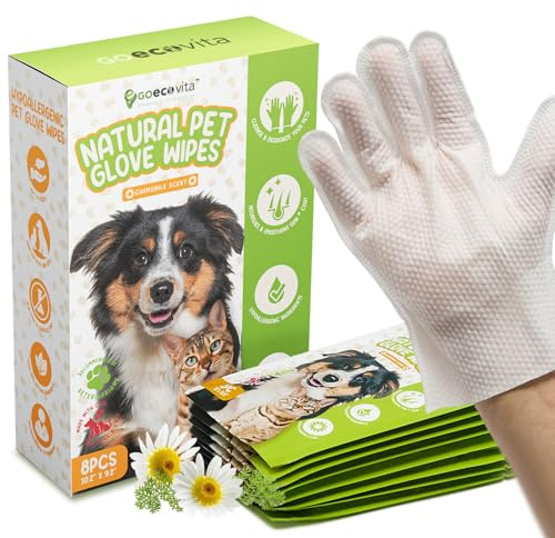 GoEcoVita Pet Deodorizing Glove Wipes for Dogs & Cats | Nourish & Clean Fur & Skin | Coconut Oil & Chamomile Rinse-Free Wipes | Bathing Glove Wipes for Daily Care | Natural, Hypoallergenic (8 Pack)