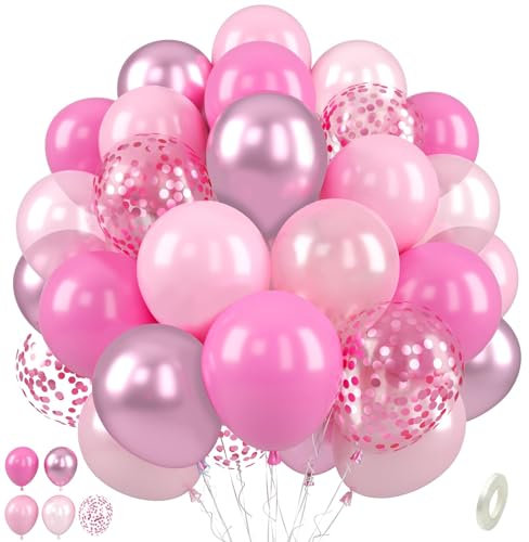 Paready Pink Balloon Set, 50 Pcs 12 Inch Metallic Pink Pastel Pearl Light Confetti Balloons Helium with Ribbon for Women Girls Wedding Bridal Baby Shower Princess Birthday Party Decorations