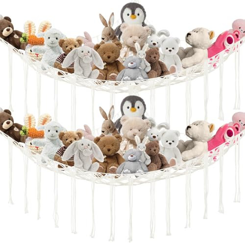 Kuscheltier Aufbewahrung Kuscheltier 2er-Pack,Boho Makramee Kuscheltier Aufbewahrung Hängend Dreiecksnetz,Sechs Haken und sechs Expansionsrohre,Verwendet Aufbewahren von Plüschspielzeu