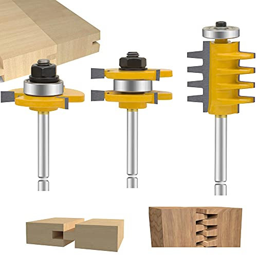 QQXUAN Fräser-Set mit 1/4-Zoll-Schaft und 4-Finger-Verbindung, 3-teilig, Nut- und Feder-Holzfräser, Bohr-Hartmetallwerkzeug für Tür, Tisch, Schrank, Regal (1/4-4 Finger)