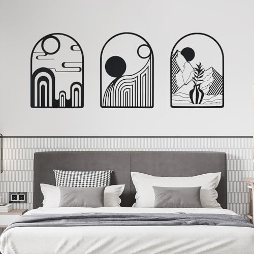 BOJVESH 3 Stück schwarze Metall-Wanddekoration, abstrakte Boho-Wandkunst, minimalistische Wanddekoration, Bohemian-Linie, Wandbehang, strukturierte Wandskulpturen für Zuhause, Schlafzimmer, Badezimmer