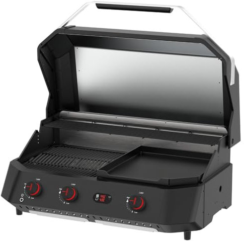 Cozze® G-800 COMBO Plancha Grill – 3 fuochi a gas con piastra – 50 mbar – Outdoor Grill con 9,5 kW di potenza e termometro digitale – incl. regolatore di pressione e griglia scaldabagno