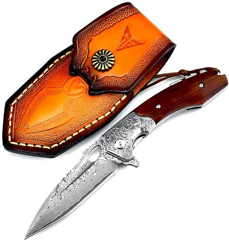 Couteau de poche damassé robuste en acier de Damas - Manche en bois avec élégance Dalbergia - Lame de 9,2 cm - Couteau de chasse en acier forgé Damas - Couteau de chasse - Couteau de survie - Couteau