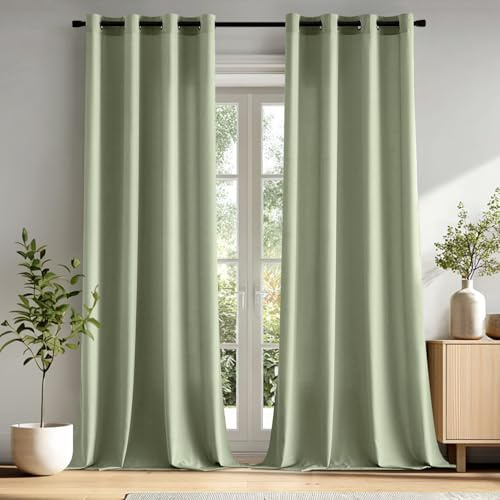 MIULEE Gardinen Voile Vorhänge mit Ösen 2er Salbeigrün 140x245cm | Halbtransparente leichte Voile Vorhänge mit Metall Ösen, lichtdurchlässig, modern für Wohn- und Schlafzimmer