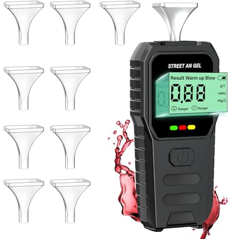 KKMOL Alkoholtester mit LED Anzeige | Tragbares Atemalkoholmessgerät mit 10 Mundstücke, Präzise & einfach zu bedienen für Zuhause, Bar, Party