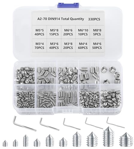 330 Piezas Tornillos Prisioneros de Cabeza Hexagonal, M3/M4/M5/M6/M8 Tornillos Cónicos, Tornillos Varilla Roscada con Hexágono Interior para Manijas de Puertas, con 5 Llave Allen